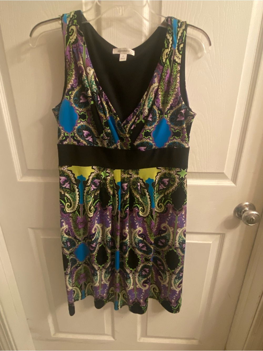dressbarn Sleeveless V-Neck empire Paisley Dress in Black, Blue & Purple size 8